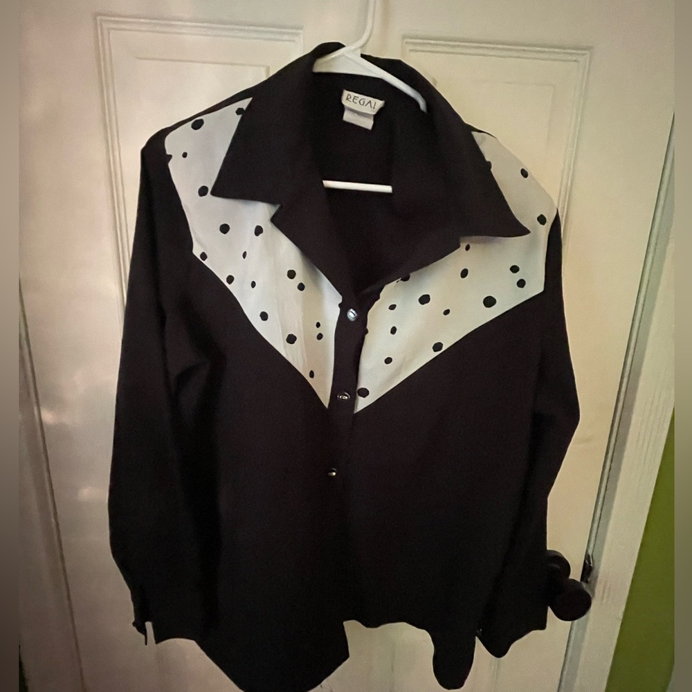 90’s western shirt black and white polka dots with shoulder pads - size L